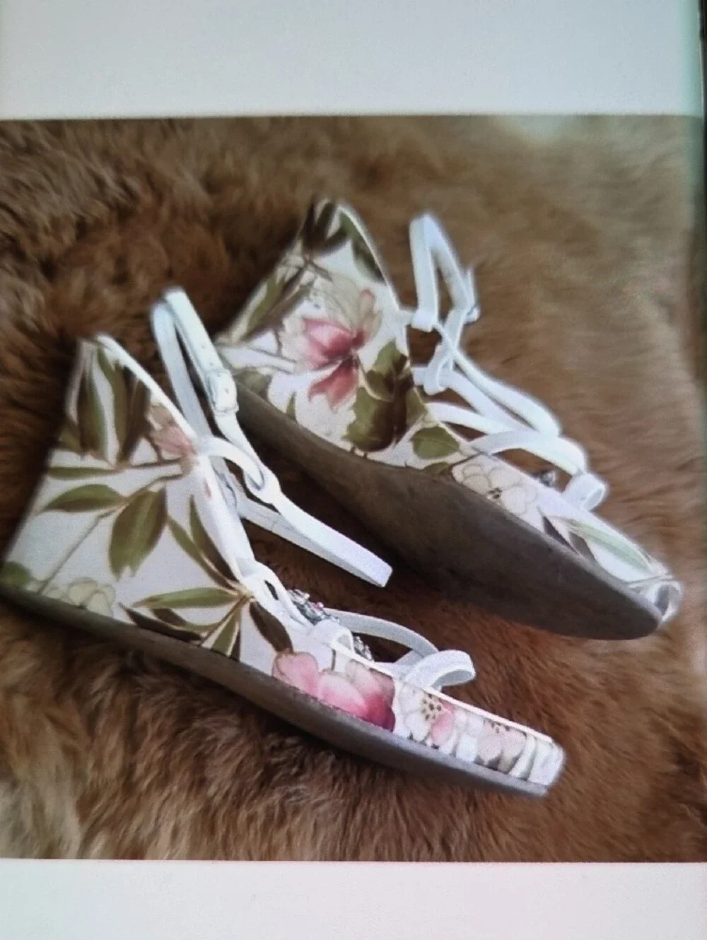 White Floral Wedge Sandals with Crystal Accent